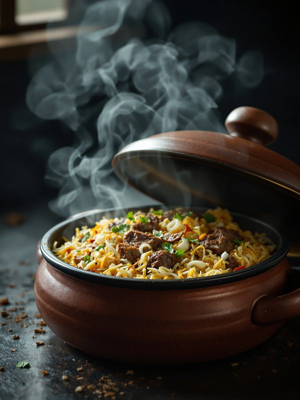 Hyderabadi biryani steaming in a clay handi