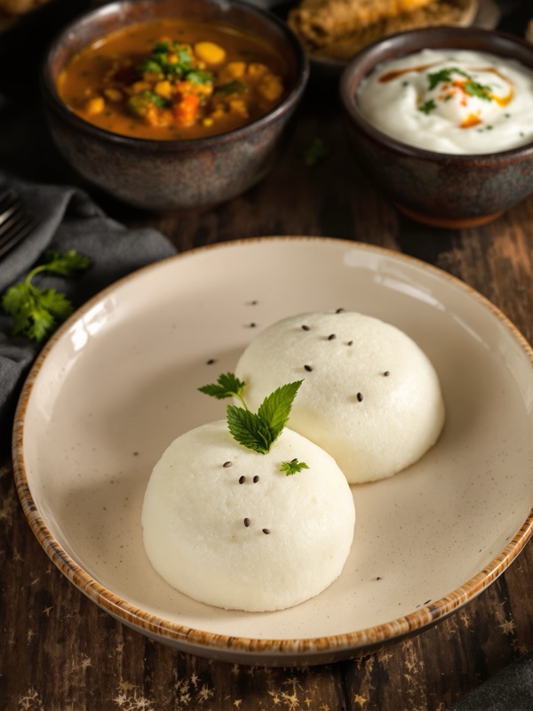 Two steamed idli on a speckled plate with bowls of sambar and coconut chutney