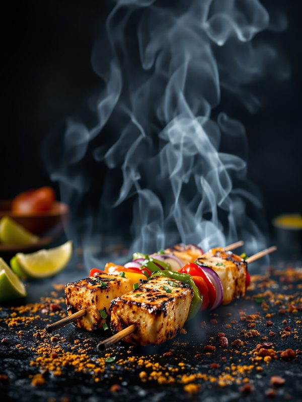 Paneer tikka skewers blistered over flame
