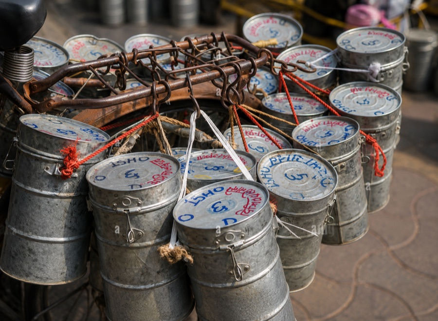 Stacked steel tiffin dabbas roped to a carrying frame, routing codes painted on the lids