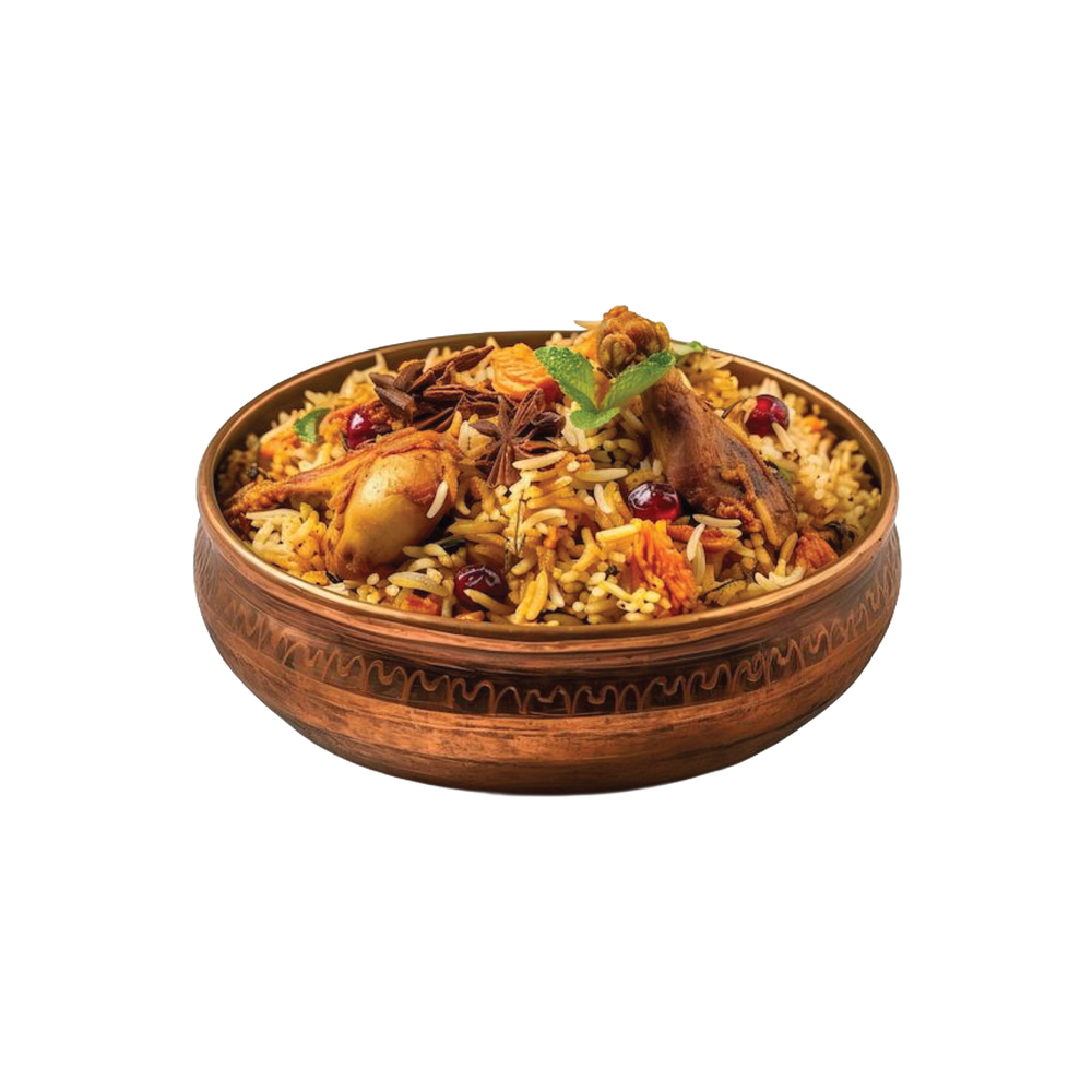 A clay handi of biryani, cut out against a plain ground