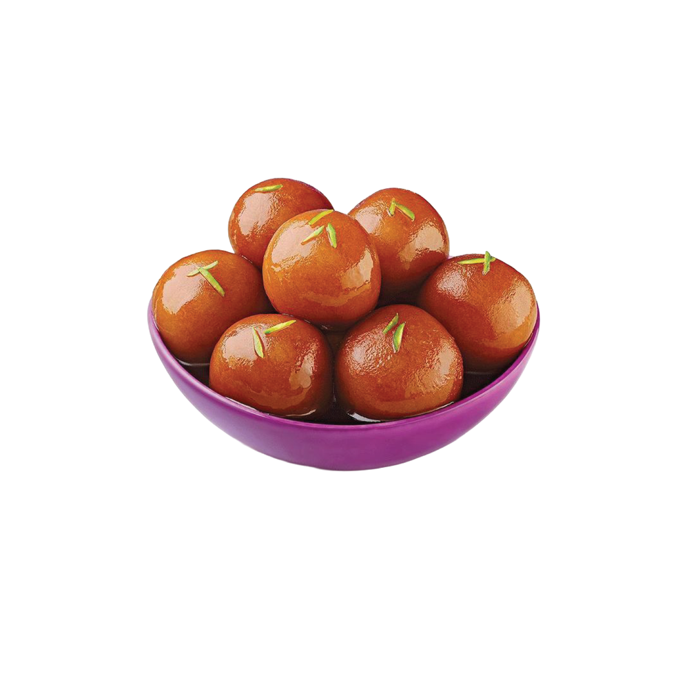 A bowl of gulab jamun, cut out against a plain ground