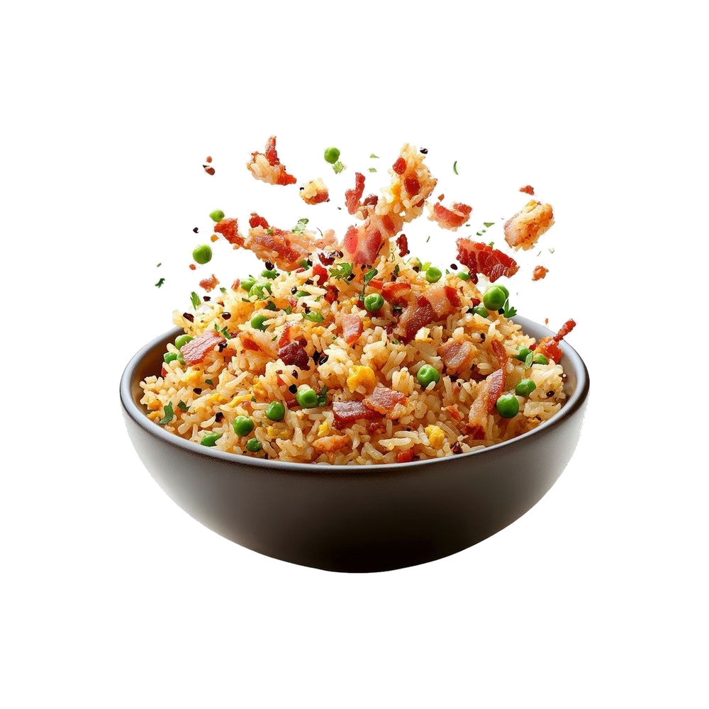 A bowl of pulav, cut out against a plain ground